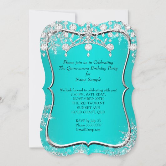 ティール（緑がかった色）キンセアニェラ15thウィンターワンダーランドシルバー 招待状 (裏面)