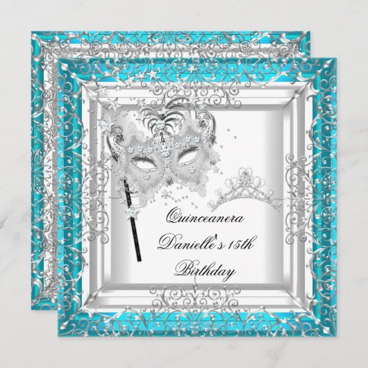 ティール（緑がかった色）キンセアニェラ15th誕生日ティアラマスカレード 招待状 (正面/裏面)