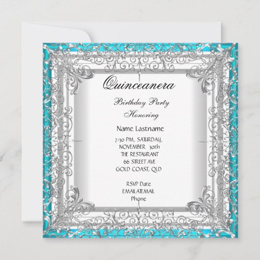 ティール（緑がかった色）キンセアニェラ15th誕生日ティアラマスカレード 招待状 (裏面)