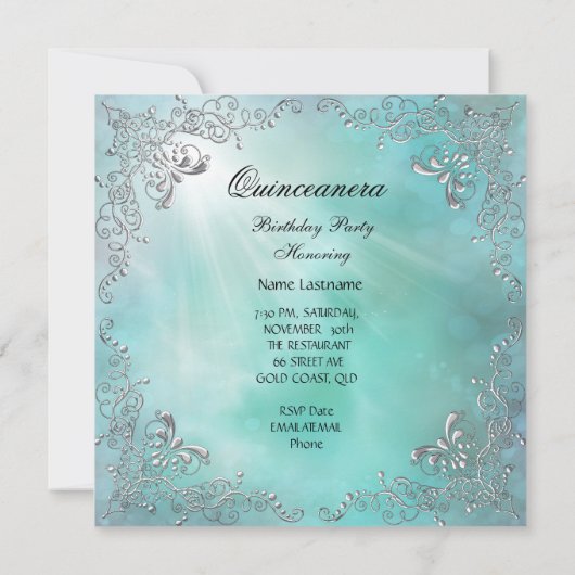 ティール（緑がかった色）キンセアニェラ15th誕生日ティアラマスカレード 招待状 (裏面)