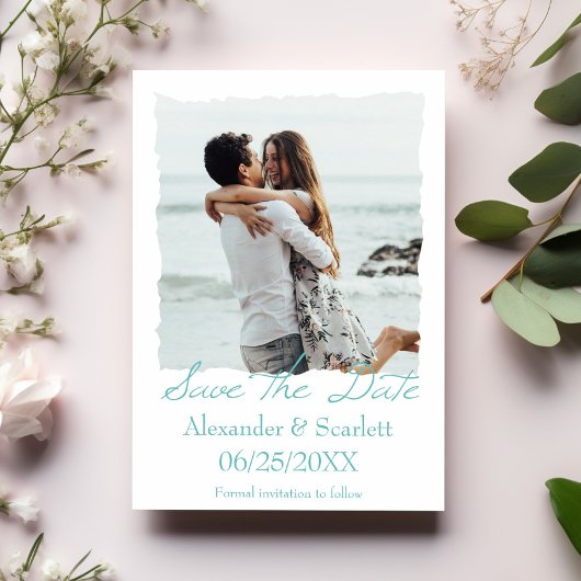 ティール（緑がかった色）ギザギザのフレームフォトセーブ・ザ・デート案内 案内状