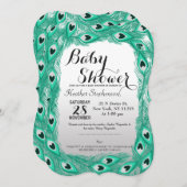 ティール（緑がかった色）クジャクの羽（白から灰色） 招待状 (正面/裏面)