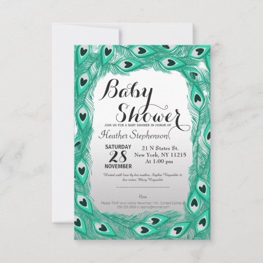 ティール(緑がかった色)クジャクの羽(白から灰色) 招待状 (正面)