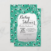 ティール(緑がかった色)クジャクの羽(白から灰色) 招待状 (正面/裏面)