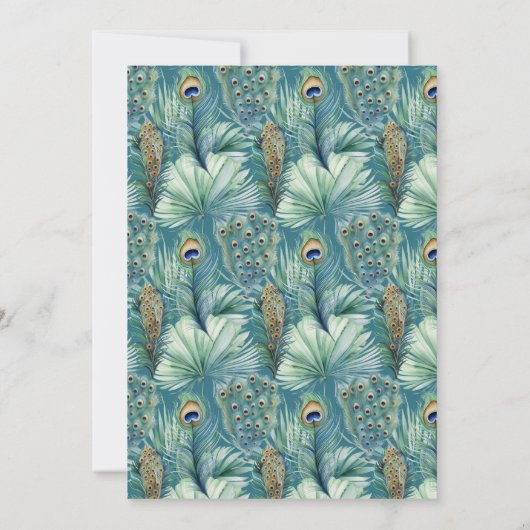 ティール（緑がかった色）クジャックトロピカルフラワーバタフライ結婚ズ 招待状 (裏面)