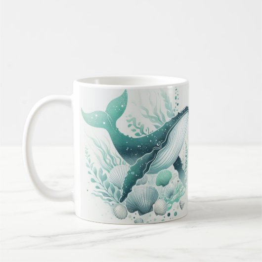 ティール(緑がかった色)クジラ海海洋生物 コーヒーマグカップ (左)