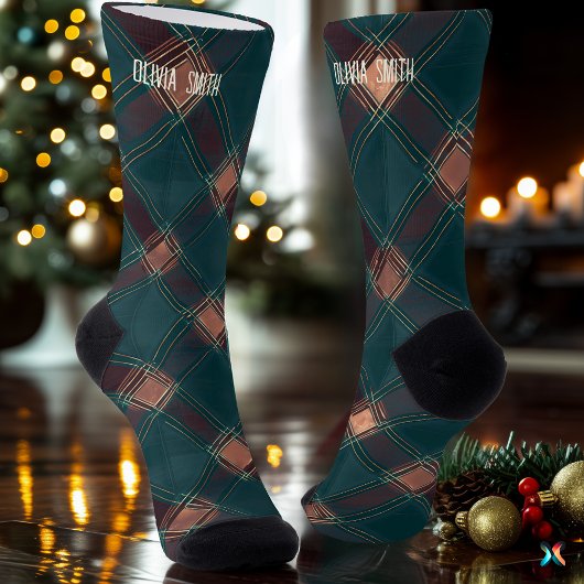 ティール（緑がかった色）クラシックとブラウンクリスマスプレイドカスタム ソックス