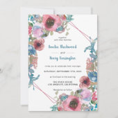 ティール（緑がかった色）クラシックブルー&ピンクウォーターカラーフローラ結婚ズ 招待状 (正面)