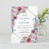 ティール（緑がかった色）クラシックブルー&ピンクウォーターカラーフローラ結婚ズ 招待状 (スタンド正面)