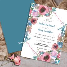 ティール（緑がかった色）クラシックブルー&ピンクウォーターカラーフローラ結婚ズ