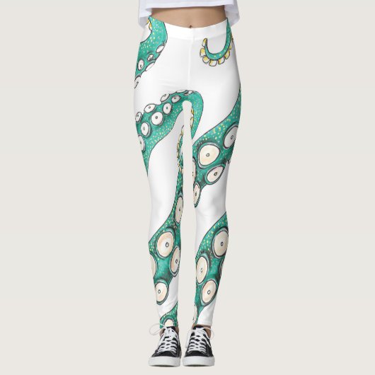 ティール（緑がかった色）クラーケン蛸の触手墨画 レギンス (正面)