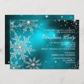 ティール（緑がかった色）クリスタルスノーフレーククリスマスディナーパーティー 招待状 (正面/裏面)