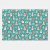 ティール（緑がかった色）クリスマスジンジャーブレッドクッキーの雪 ラッピングペーパーシート (正面3)