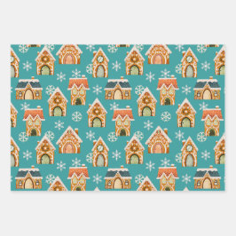 ティール（緑がかった色）クリスマスジンジャーブレッドクッキーの雪 ラッピングペーパーシート