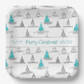 ティール（緑がかった色）クリスマスツリーパターン#5 ID1009 ペーパープレート (正面)