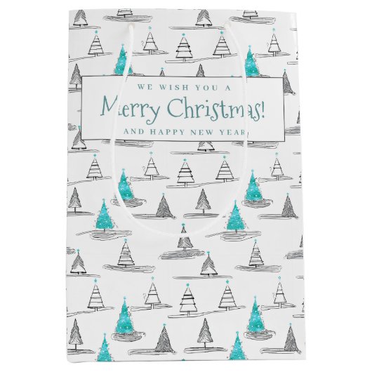 ティール（緑がかった色）クリスマスツリーパターン#5 ID1009 ミディアムペーパーバッグ (正面)