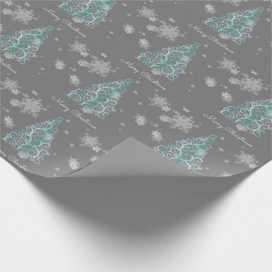 ティール(緑がかった色)クリスマスツリー及び雪片ラッピング紙 ラッピングペーパー (角)