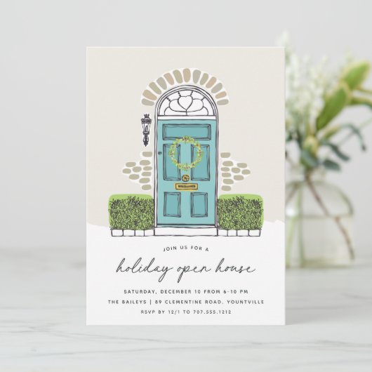 ティール（緑がかった色）クリスマスドア |ホリデーオープンハウス 招待状 (スタンド正面)