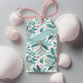 ティール（緑がかった色）クリスマスホリーベリーパターン#17 ID1009 ギフトタグ