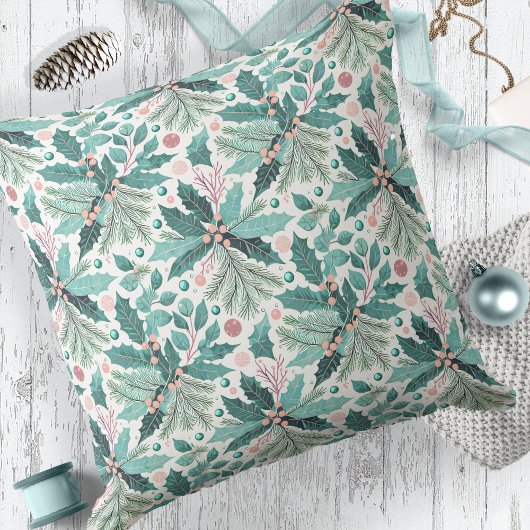 ティール(緑がかった色)クリスマスホリーベリーパターン#17 ID1009 クッション