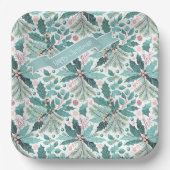 ティール(緑がかった色)クリスマスホリーベリーパターン#17 ID1009 ペーパープレート (正面)