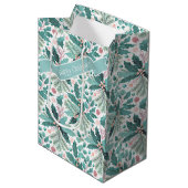 ティール（緑がかった色）クリスマスホリーベリーパターン#17 ID1009 ミディアムペーパーバッグ (正面アングル)
