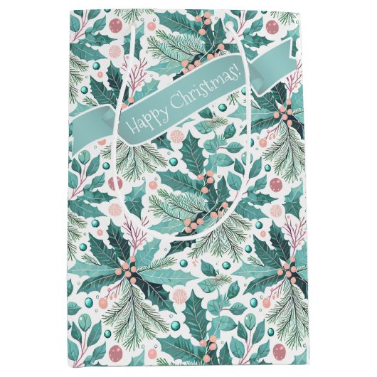 ティール（緑がかった色）クリスマスホリーベリーパターン#17 ID1009 ミディアムペーパーバッグ (正面)