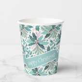 ティール(緑がかった色)クリスマスホリーベリーパターン#17 ID1009 紙コップ (正面)