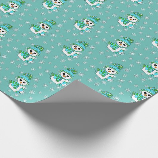 ティール（緑がかった色）クリスマス雪だるまとスノーフレークスホリデー ラッピングペーパー (角)