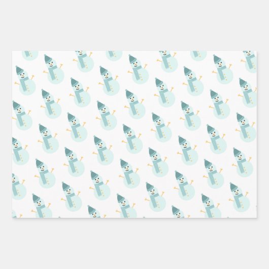 ティール(緑がかった色)クリスマス雪だるまと木 ラッピングペーパーシート (正面)