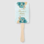 ティール（緑がかった色）クリーミーな金ゴールド結婚花模様ズサンキュー ハンドファン (正面)