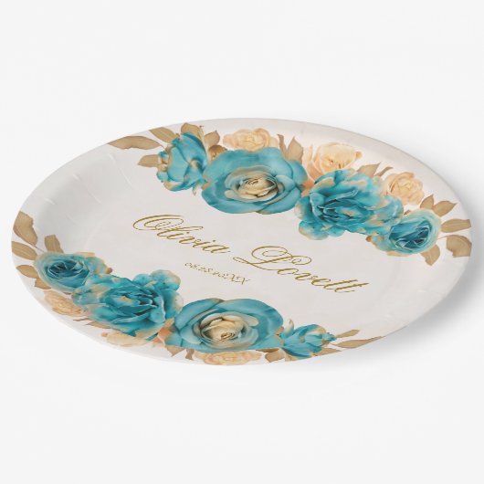 ティール(緑がかった色)クリーミー金ゴールド水カラー花模様ブライダルシャワー ペーパープレート (アングル)