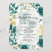 ティール（緑がかった色）クリームバラフローラブライダルシャワー 招待状 (正面/裏面)