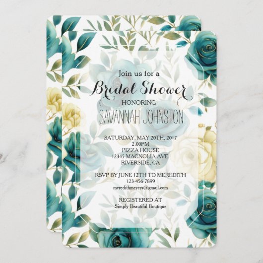 ティール(緑がかった色)クリームバラフローラブライダルシャワー 招待状 (正面/裏面)