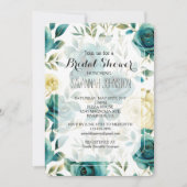 ティール（緑がかった色）クリームバラフローラブライダルシャワー 招待状 (正面)