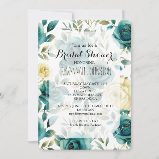 ティール(緑がかった色)クリームバラフローラブライダルシャワー 招待状 (正面)