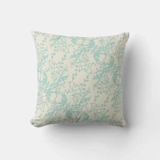 ティール（緑がかった色）クリームワイルドフラワー旋回ダマスクパターン枕 クッション (正面)