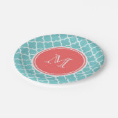 ティール(緑がかった色)クローバーパターン、サンゴモノグラム ペーパープレート (アングル)