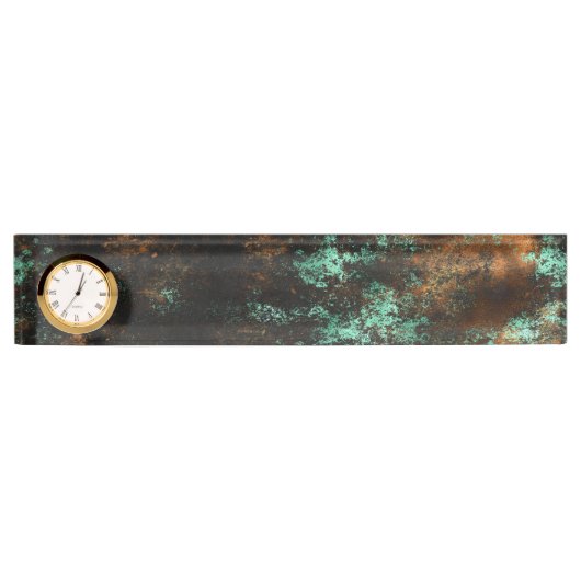 ティール(緑がかった色)クーパーパティナメタリック デスクネームプレート (正面)