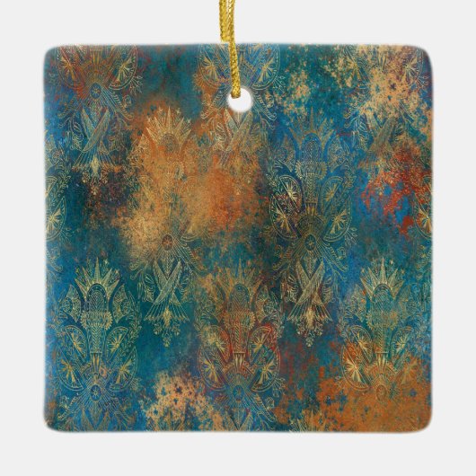 ティール（緑がかった色）クーパーパティーナ セラミックオーナメント (正面)