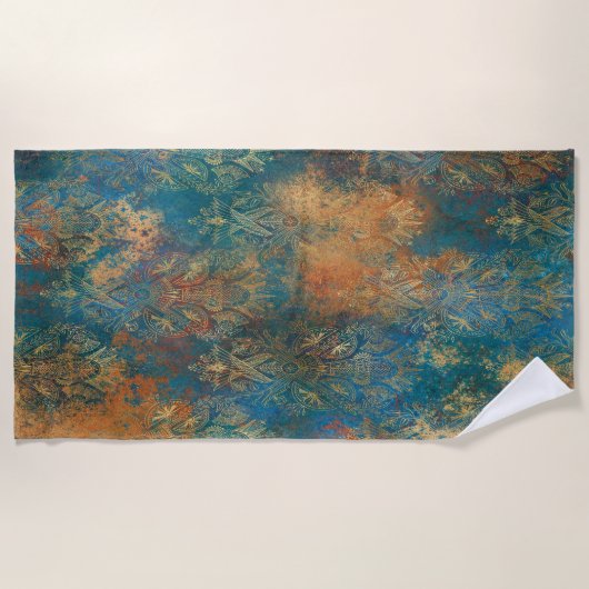 ティール（緑がかった色）クーパーパティーナ ビーチタオル (正面)