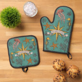 ティール（緑がかった色）クールグリーンキッ航海のチンキャプテンシーライフ 鍋つかみ&鍋敷きセット (トップダウン)