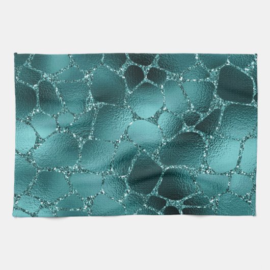 ティール（緑がかった色）ググラデーションラムグリッターキリン斑点パターン キッチンタオル (横)