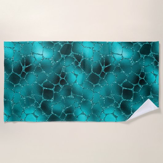 ティール（緑がかった色）ググラデーションラムグリッターキリン斑点パターン ビーチタオル (正面)