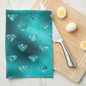 ティール（緑がかった色）ググラデーションラムグリッターダイヤモンドパターン キッチンタオル (四つ折り)