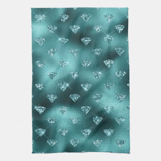 ティール（緑がかった色）ググラデーションラムグリッターダイヤモンドパターン キッチンタオル (縦)