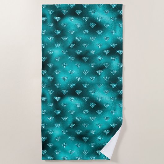 ティール（緑がかった色）ググラデーションラムグリッターダイヤモンドパターン ビーチタオル (正面)