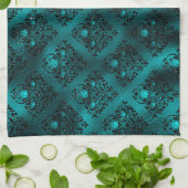 ティール（緑がかった色）ググラデーションラムグリッターダマスクパターン キッチンタオル (折り畳み)