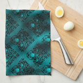 ティール（緑がかった色）ググラデーションラムグリッターダマスクパターン キッチンタオル (四つ折り)