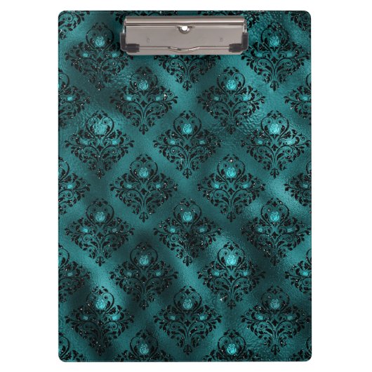 ティール（緑がかった色）ググラデーションラムグリッターダマスクパターン クリップボード (正面)